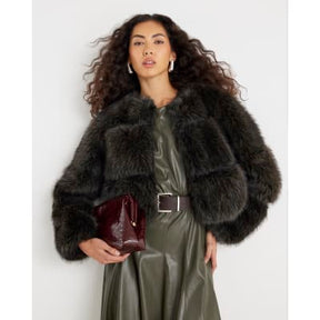 Brown Cropped Faux Fur Jacket
