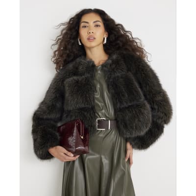 Brown Cropped Faux Fur Jacket