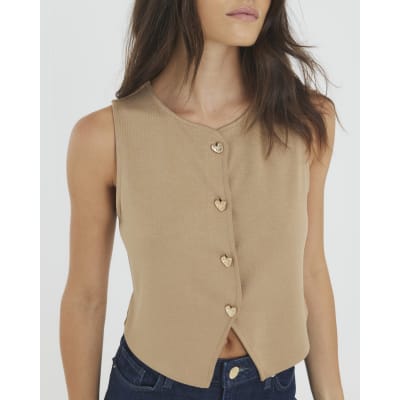 Brown Cropped Heart Waistcoat Top