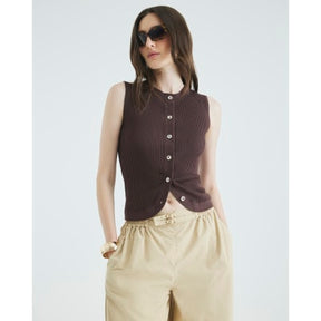 Brown Curved Hem Ribbed Top