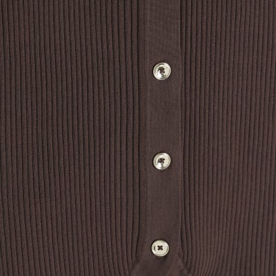 Brown Curved Hem Ribbed Top