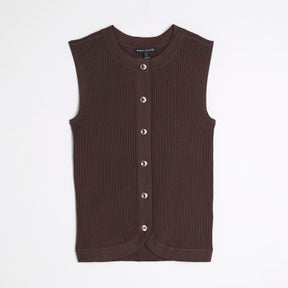 Brown Curved Hem Ribbed Top
