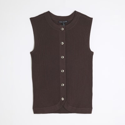 Brown Curved Hem Ribbed Top