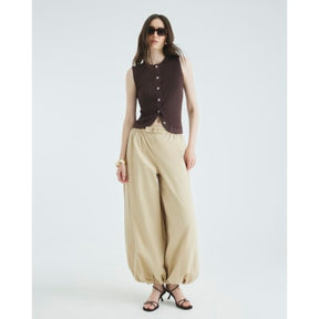 Brown Curved Hem Ribbed Top