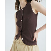 Brown Curved Hem Ribbed Top