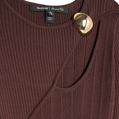 Brown Cut out rib midi dress