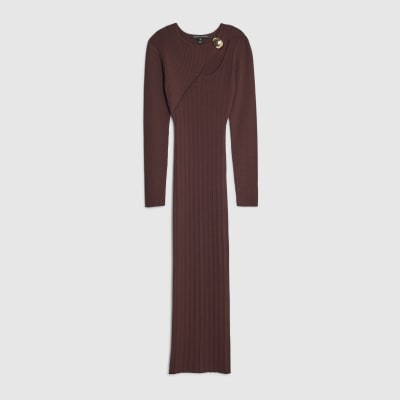 Brown Cut out rib midi dress