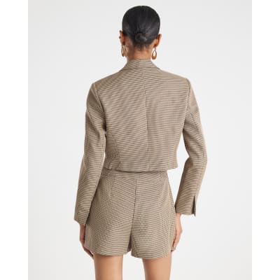 Brown Dogtooth Cropped Blazer