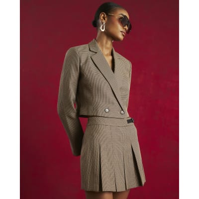 Brown Dogtooth Cropped Blazer