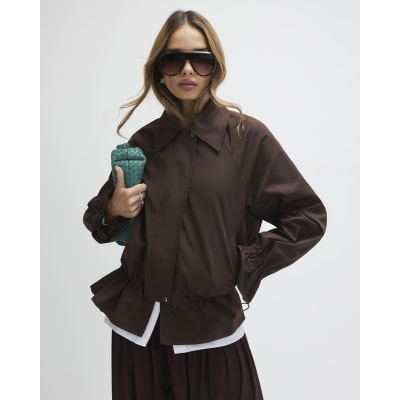Brown Drop Hem Drawstring Jacket