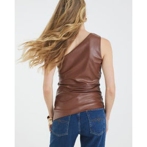 Brown Faux Leather Asymmetric Metal Trim Top