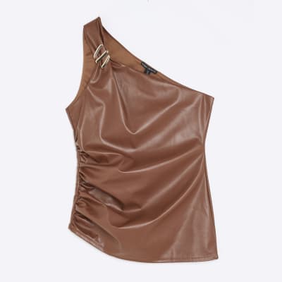 Brown Faux Leather Asymmetric Metal Trim Top