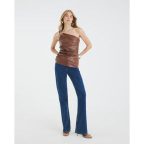 Brown Faux Leather Asymmetric Metal Trim Top