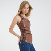 Brown Faux Leather Asymmetric Metal Trim Top