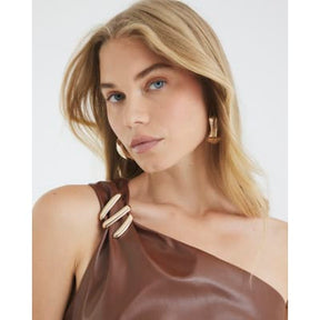 Brown Faux Leather Asymmetric Metal Trim Top