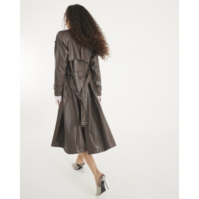 Brown Faux Leather Belted Trench Coat