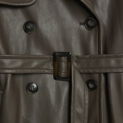 Brown Faux Leather Belted Trench Coat