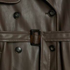 Brown Faux Leather Belted Trench Coat