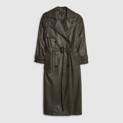 Brown Faux Leather Belted Trench Coat