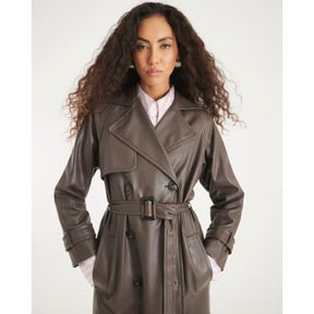 Brown Faux Leather Belted Trench Coat