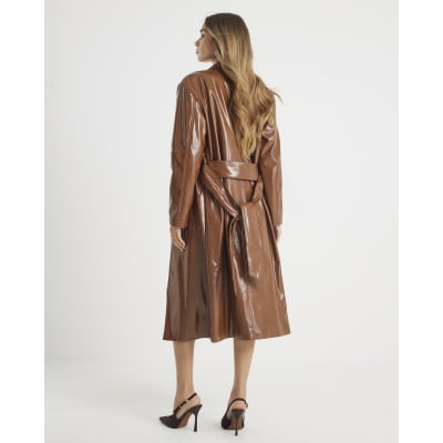 Brown Faux Leather Belted Trench Coat