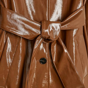 Brown Faux Leather Belted Trench Coat