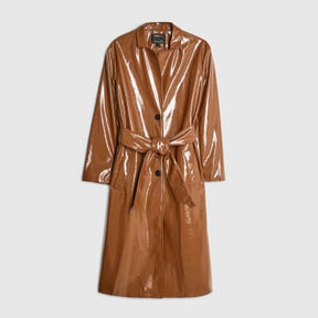 Brown Faux Leather Belted Trench Coat