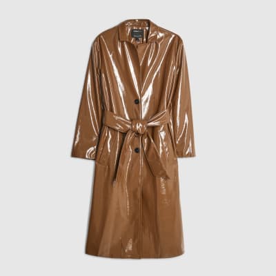 Brown Faux Leather Belted Trench Coat