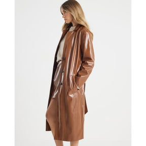 Brown Faux Leather Belted Trench Coat