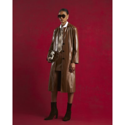 Brown Faux Leather Belted Trench Coat