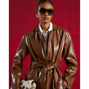 Brown Faux Leather Belted Trench Coat