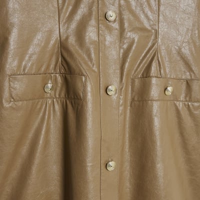 Brown Faux Leather Button Through Mini Dress