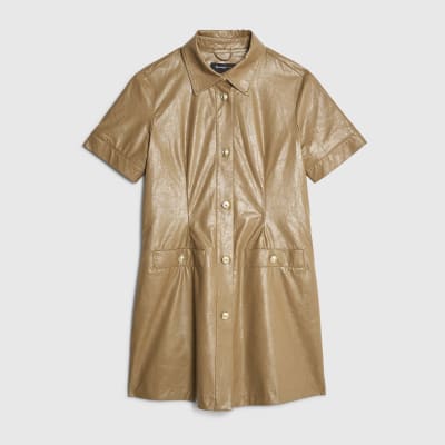 Brown Faux Leather Button Through Mini Dress