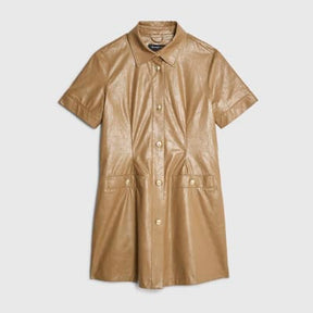 Brown Faux Leather Button Through Mini Dress