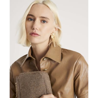 Brown Faux Leather Button Through Mini Dress