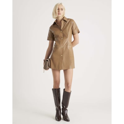 Brown Faux Leather Button Through Mini Dress