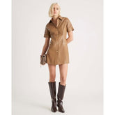 Brown Faux Leather Button Through Mini Dress