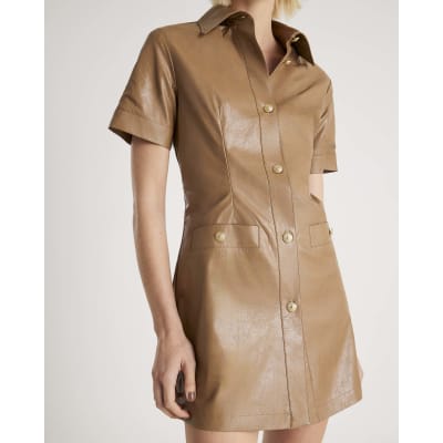 Brown Faux Leather Button Through Mini Dress