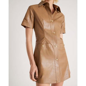 Brown Faux Leather Button Through Mini Dress