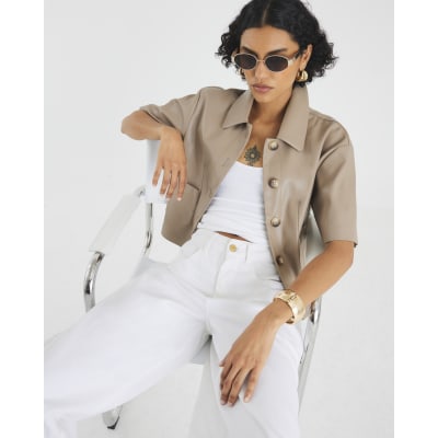 Brown Faux Leather Button Through Shirt