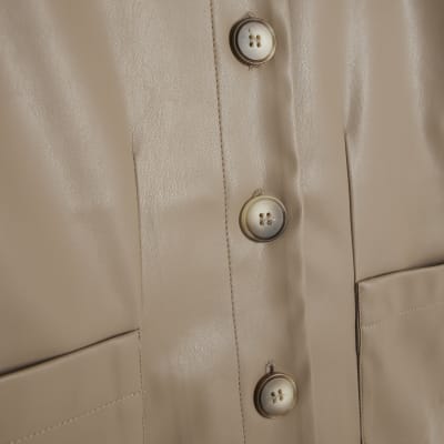 Brown Faux Leather Button Through Shirt