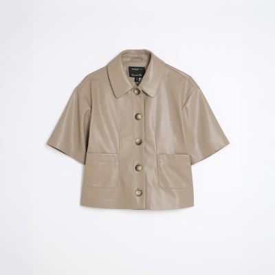 Brown Faux Leather Button Through Shirt