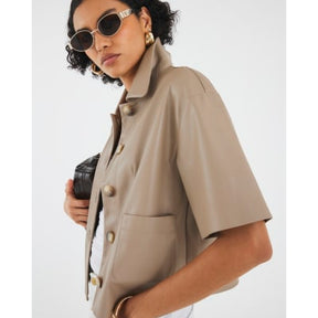 Brown Faux Leather Button Through Shirt