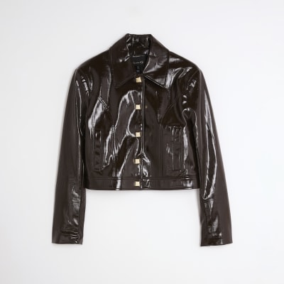 Brown faux leather croc Harrington Jacket