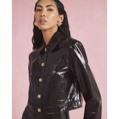 Brown faux leather croc Harrington Jacket
