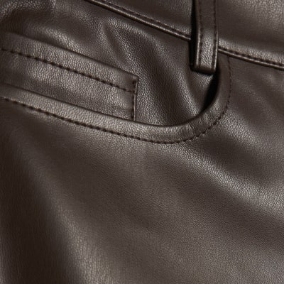 Brown Faux Leather Cropped Flared Trousers