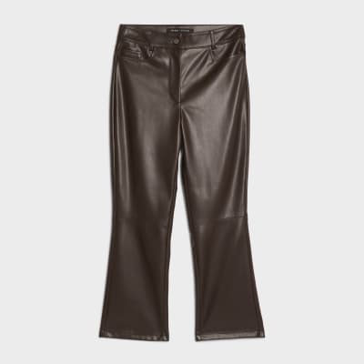 Brown Faux Leather Cropped Flared Trousers