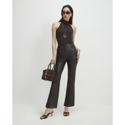 Brown Faux Leather Cropped Flared Trousers
