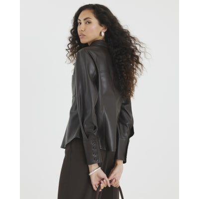 Brown Faux Leather Fitted Shirt