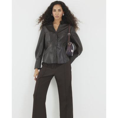 Brown Faux Leather Fitted Shirt